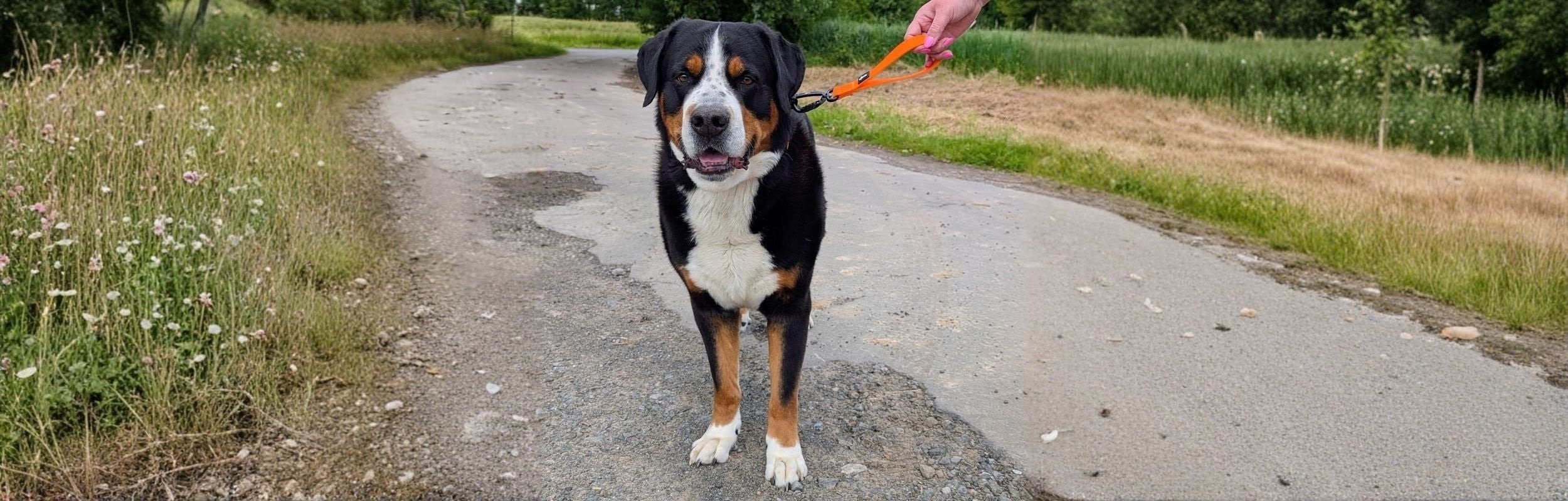 Kurzführer an großem Hund in Orange
