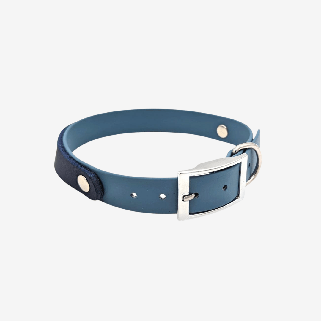 Blaues Biothane x Leder Halsband 25mm, Draufsicht mit silberner Dornschnalle und D‑Ring