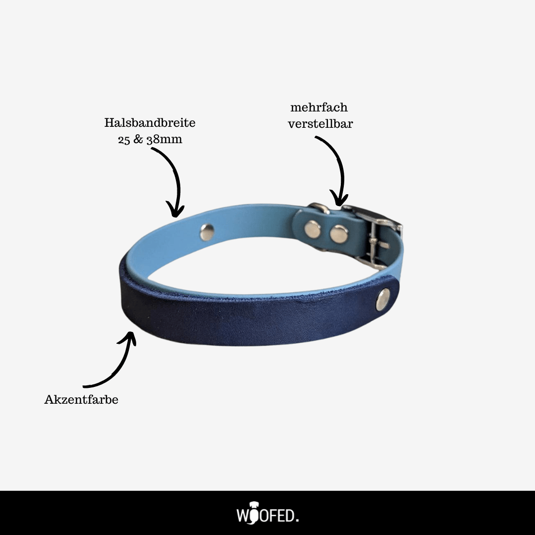 Dunkelblaues Biothane-Leder Halsband 25 mm, hellblaue Innenseite, silberne Dornschnalle und Nieten, schräg von oben