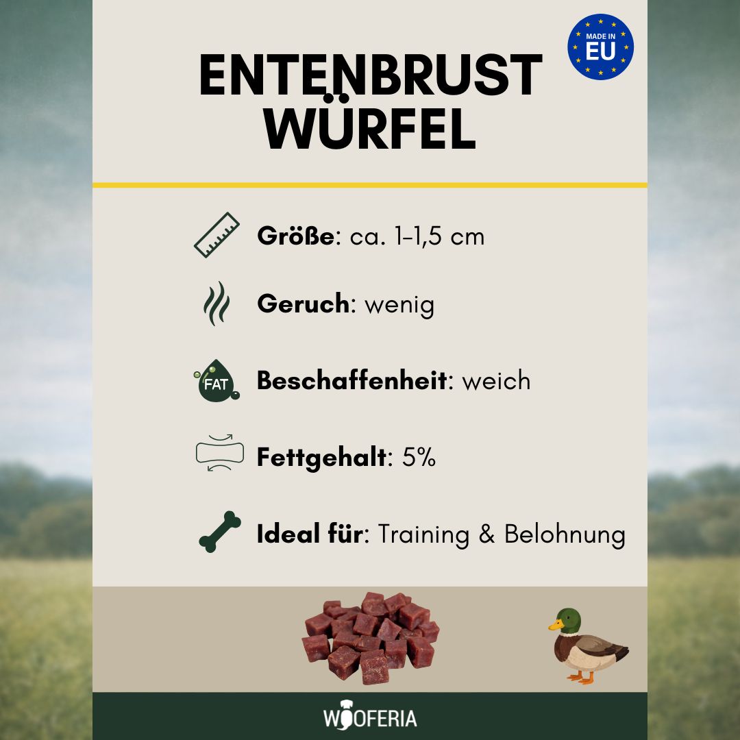 Weiche Entenbrustwürfel für Hunde mit wenig Fett für Training und Belohnung