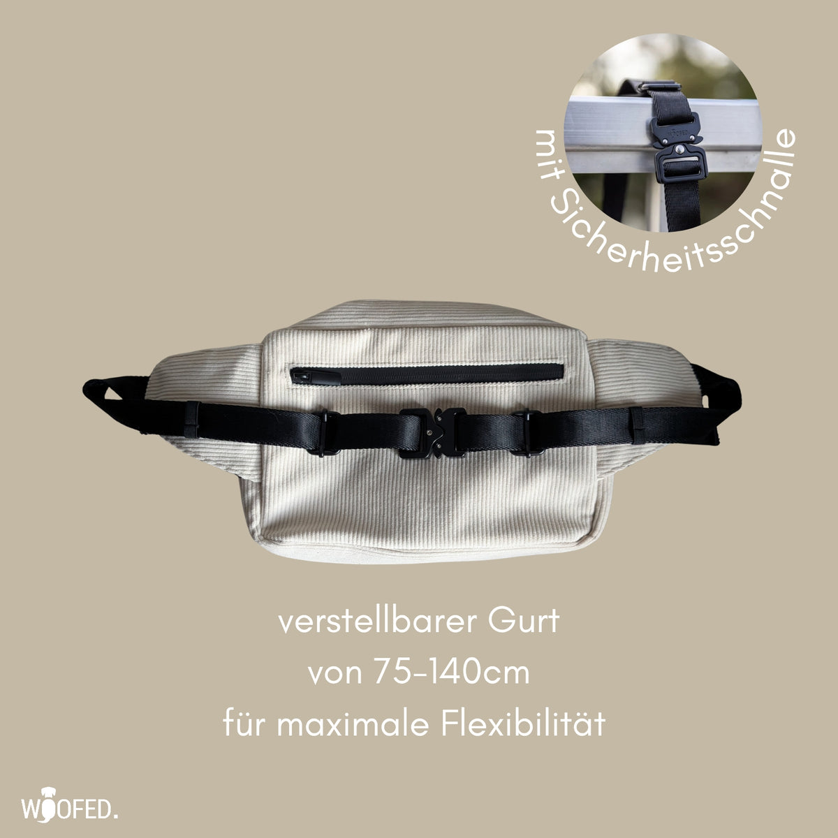 Gassitasche in Beige aus Cord mit verstellbarem Tragegurt für maximale Flexibilität