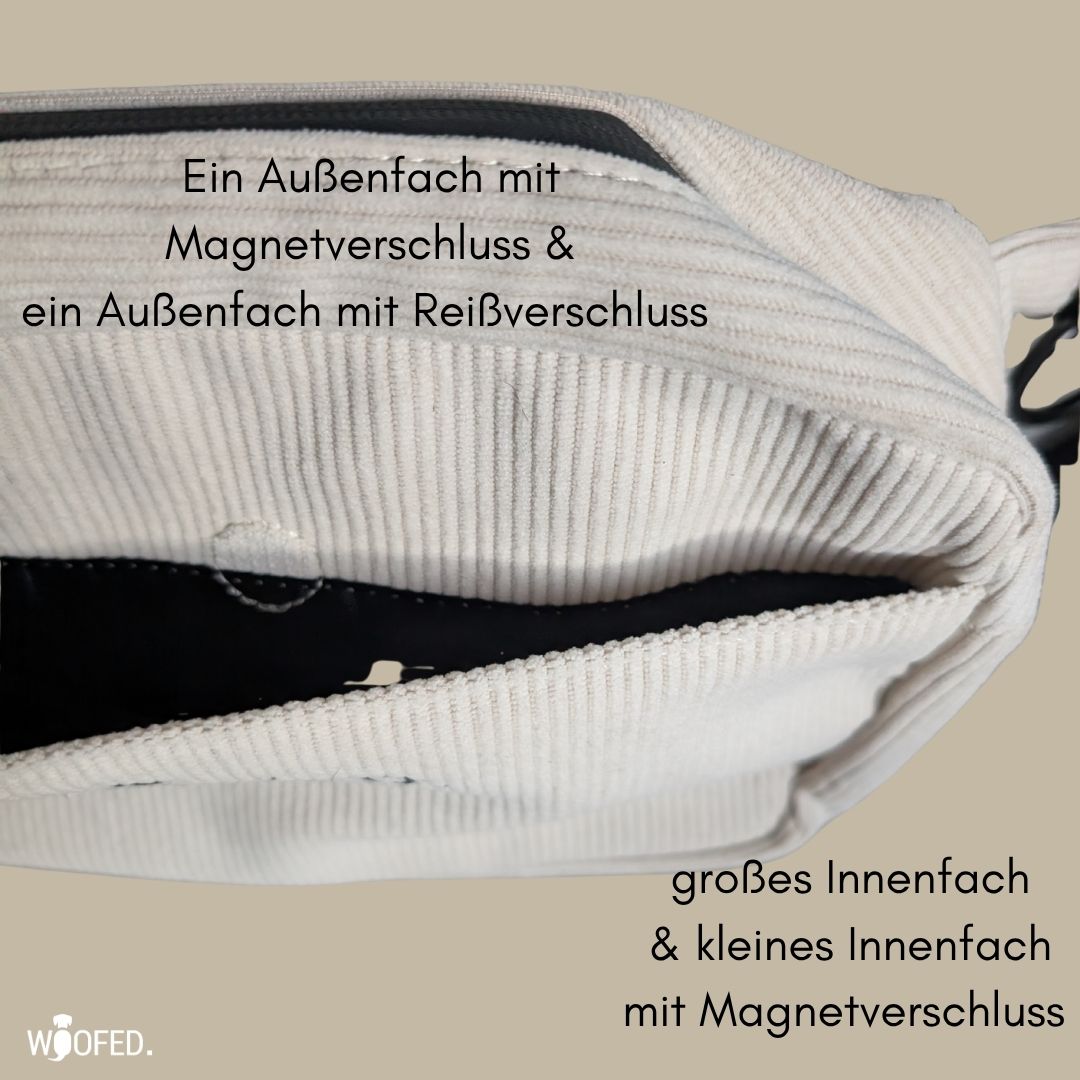 Gro0e Fächer mit Reissverschluss und Magnetverschluss an beiger Cord Gassitasche für Hundehalter