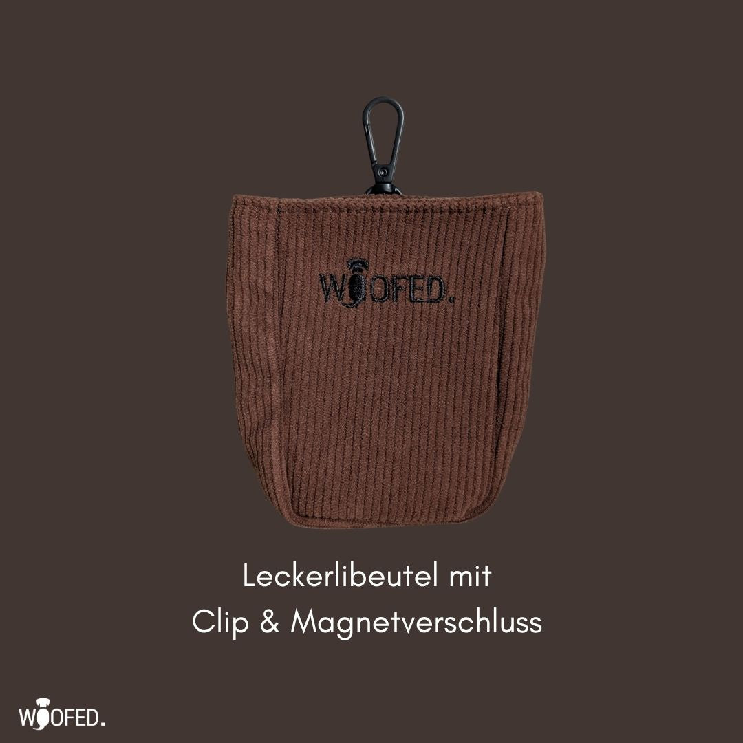 Brauner Leckerlibeutel für Gassitasche mit beschichtetem Fach, Magnetverschluss und Clip
