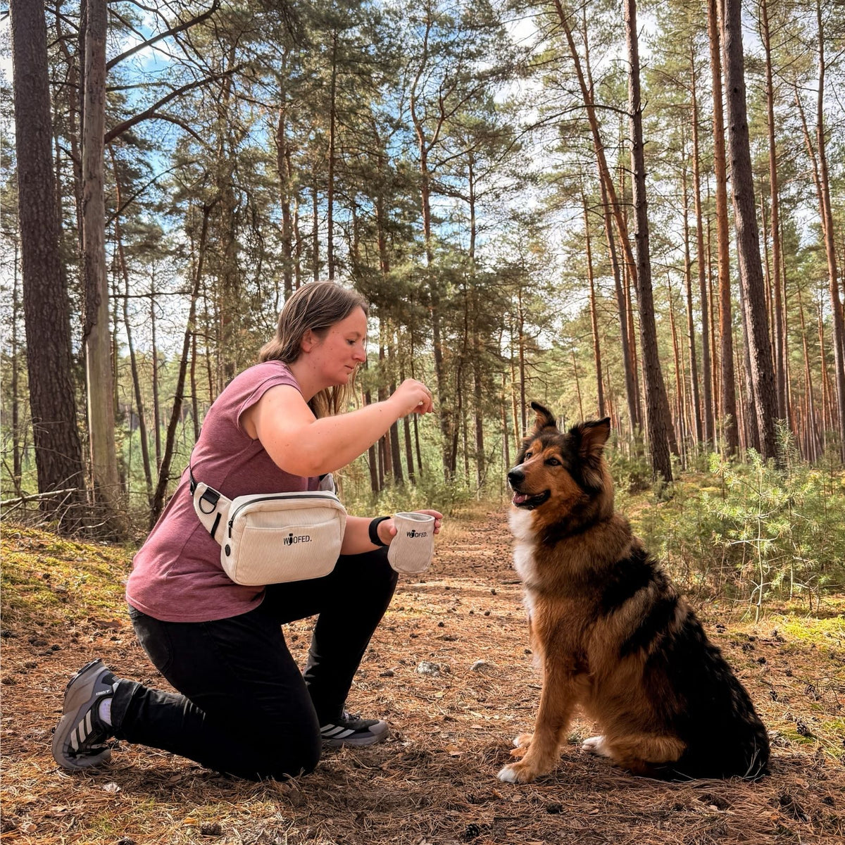Gassitasche an Frau mit Leckerlibeutel und ihrem Hund in Cord Beige
