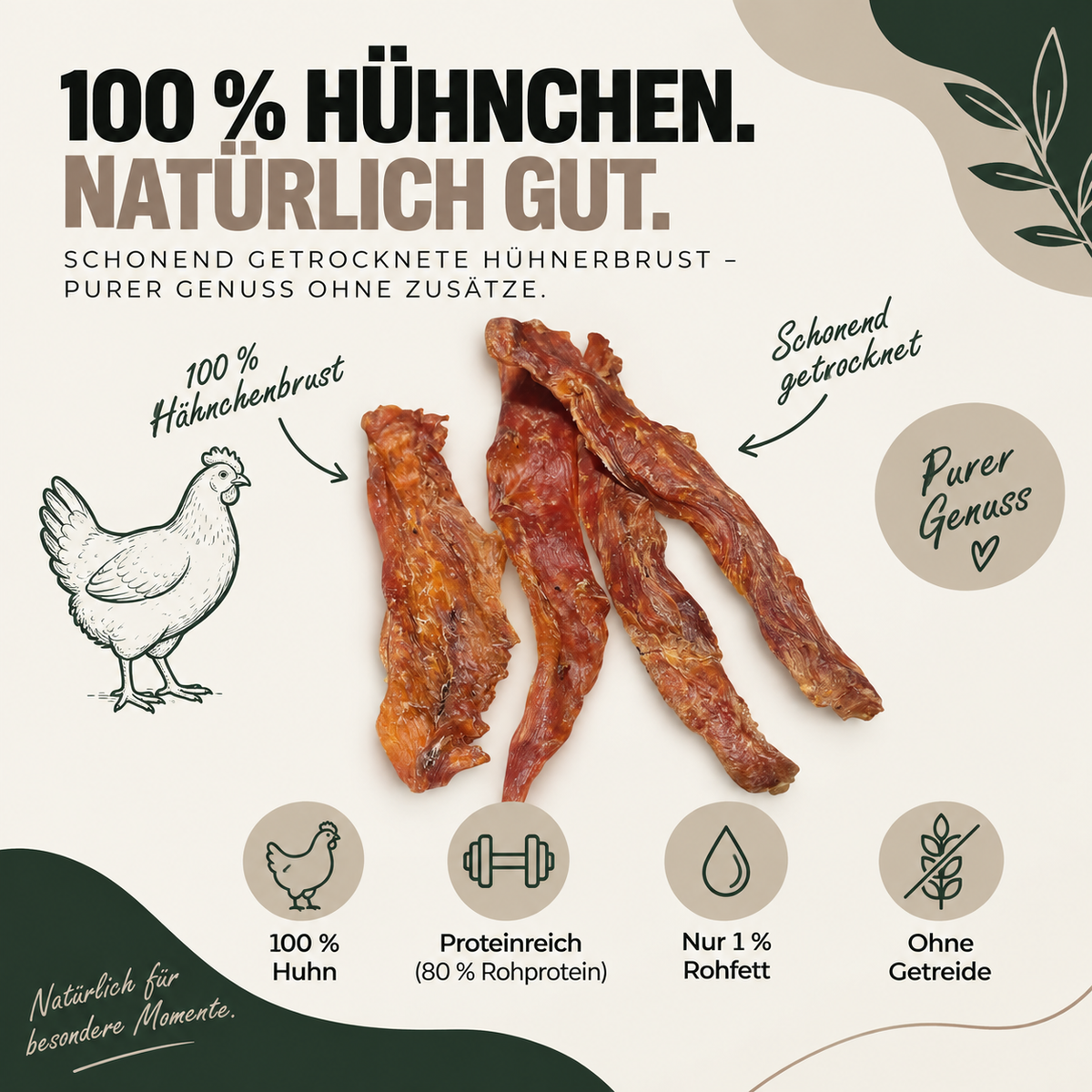 NatĂŒrliche HĂŒhnerbrustfilet Streifen mit viel Protein und wenig Fett, die Belohnung fĂŒr Hunde
