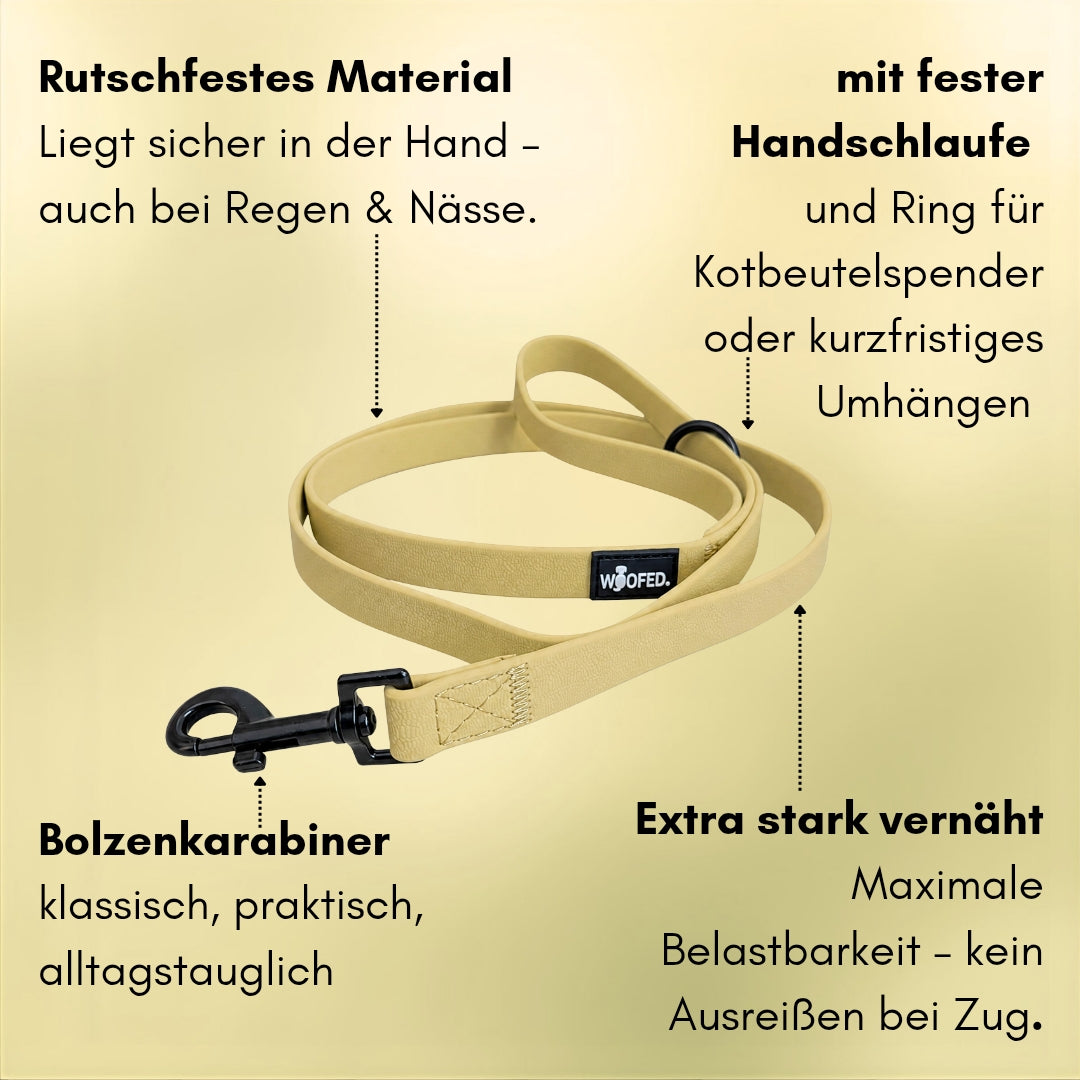 Führleine mit Bolzenkarabiner in Pastellgelb mit Handschlaufe und praktischem Ring