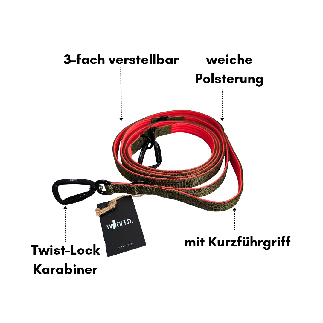 Hundeleine aus Nylon in Oliv Orange mit Twist-Lock Karabiner und Kurzführgriff