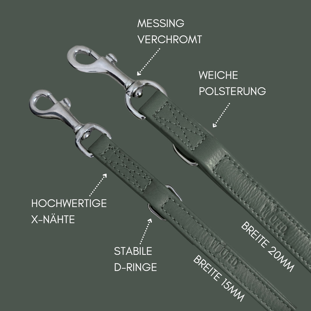 Hochwertige Rindsleder Hundeleine aus dunkelgrün - 3-fach verstellbar Details