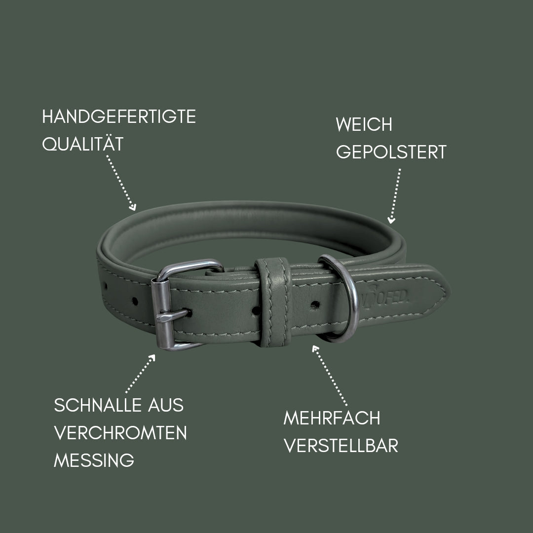 Lederhalsband in Grün Grau mit Messing Beschlägen und weicher Polsterung