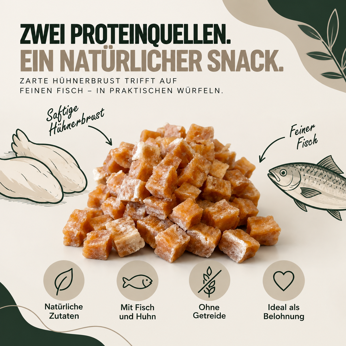 Natürliche Snack für Hunde aus Hühnerbrust und feinem Fisch - ideal als Belohnung und getreidefrei