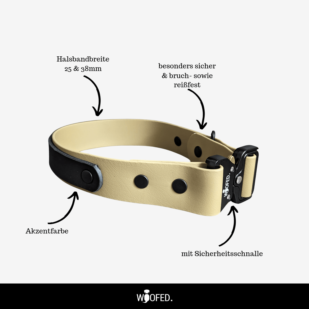 Beiges Biothane-Tactical-Halsband mit schwarzen Lederakzenten, Nieten und Sicherheitsverschluss, schräge Perspektive