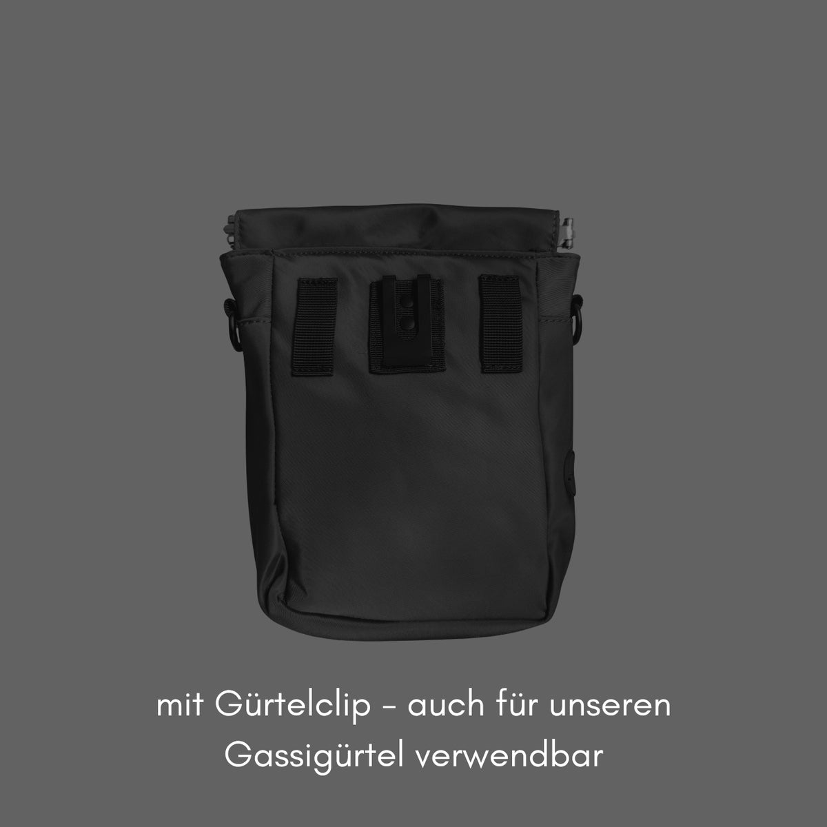 Umhängetasche in schwarz mit Gürtelclip perfekt für den Gassigürtel