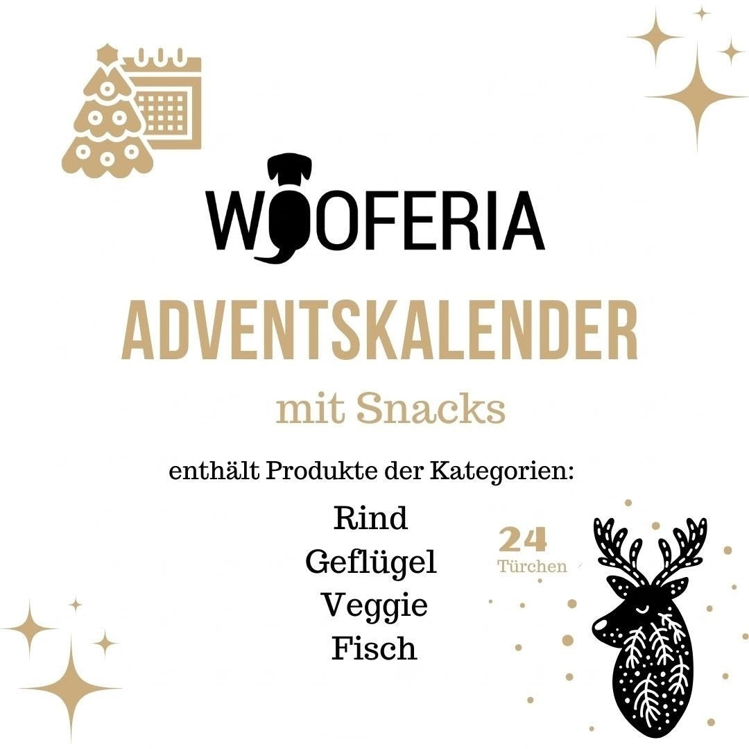 WOOFERIA Adventskalender mit Leckereien von Rind, Geflügel, Veggie und Fisch für Hunde