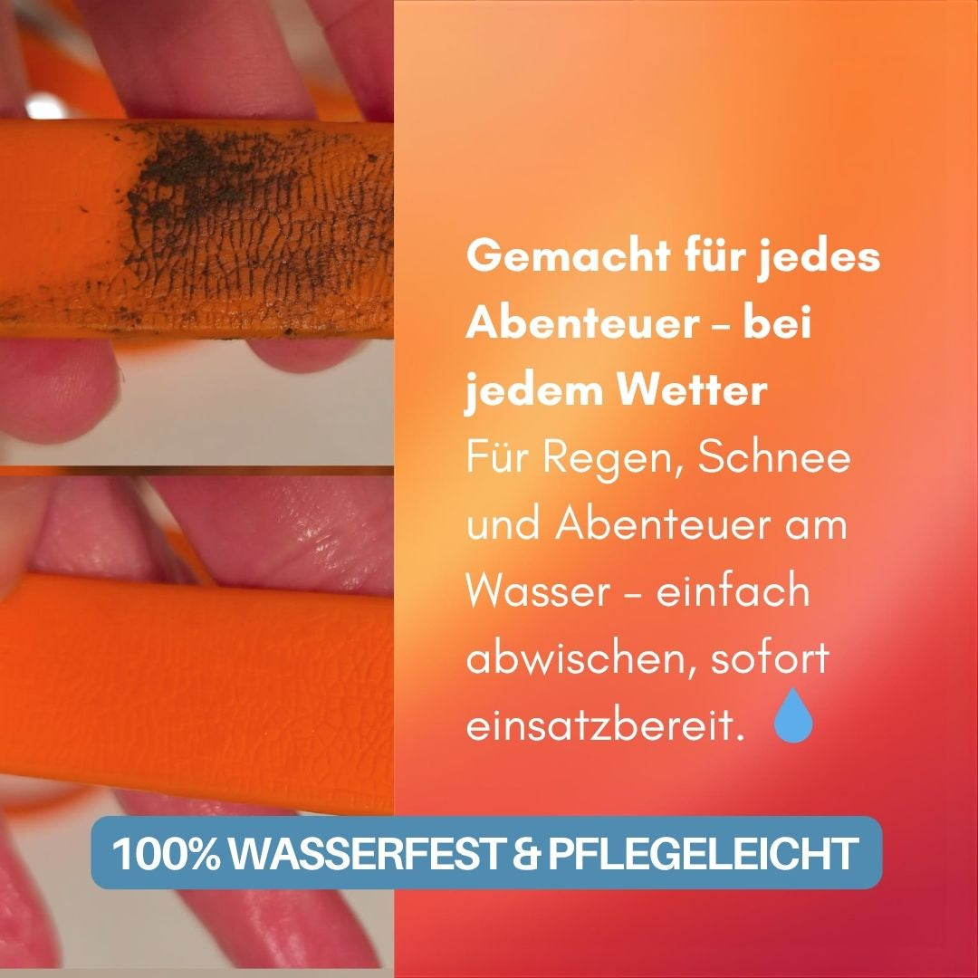 Nahaufnahme WOOFLEX® Führleine Sunset Orange, schmutzige vs. gereinigte Fläche sichtbar, Hand hält Leine