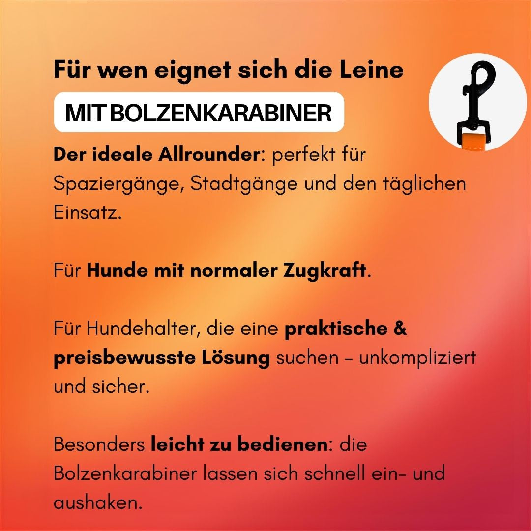 Nahaufnahme: schwarzer Bolzenkarabiner an orangefarbener WOOFLEX-Führleine