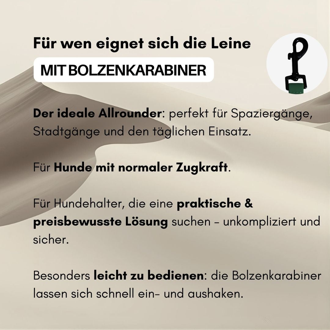 Beiger Sandhintergrund mit deutschem Text; kleines rundes Bild eines schwarzen Bolzenkarabiners an grünem Leinenband