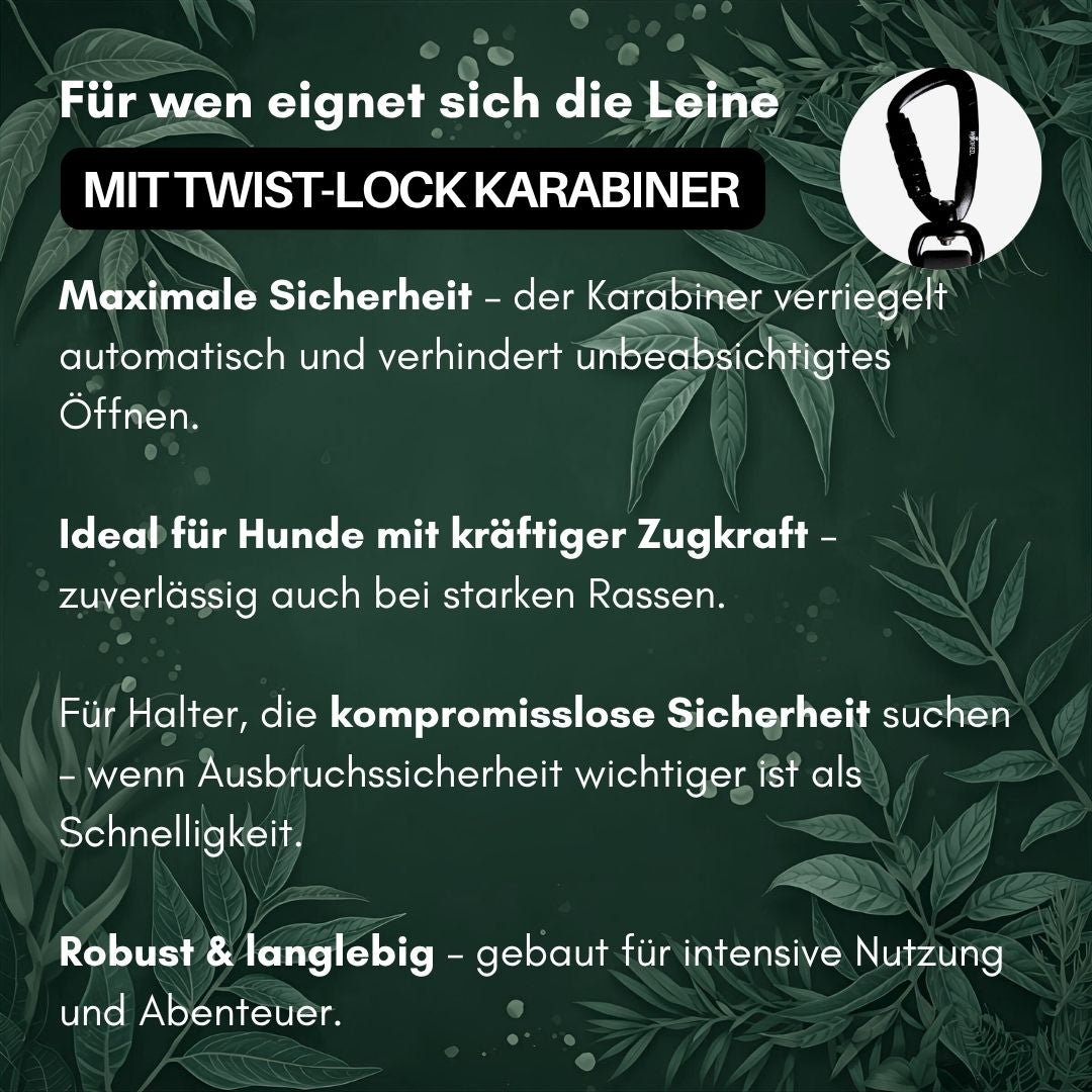 Dunkelgrüne Infografik mit Blattmuster, weißem Text und rundem Einsatz mit schwarzem Twist-Lock-Karabiner