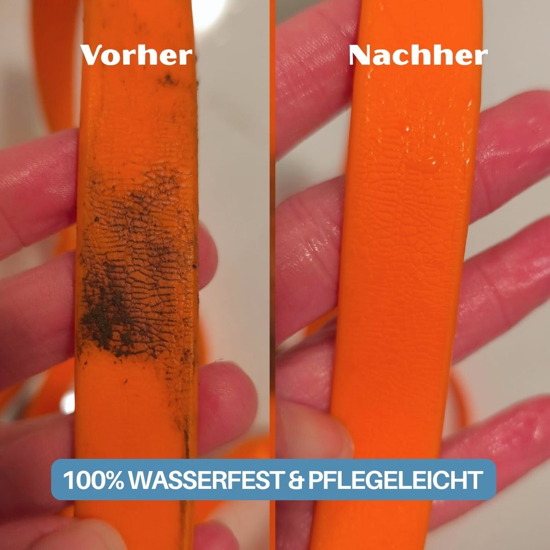 Nahaufnahme der orange WOOFLEX Führleine im Vorher-Nachher-Vergleich: links schmutzig, rechts gereinigt, Hand hält Riemen