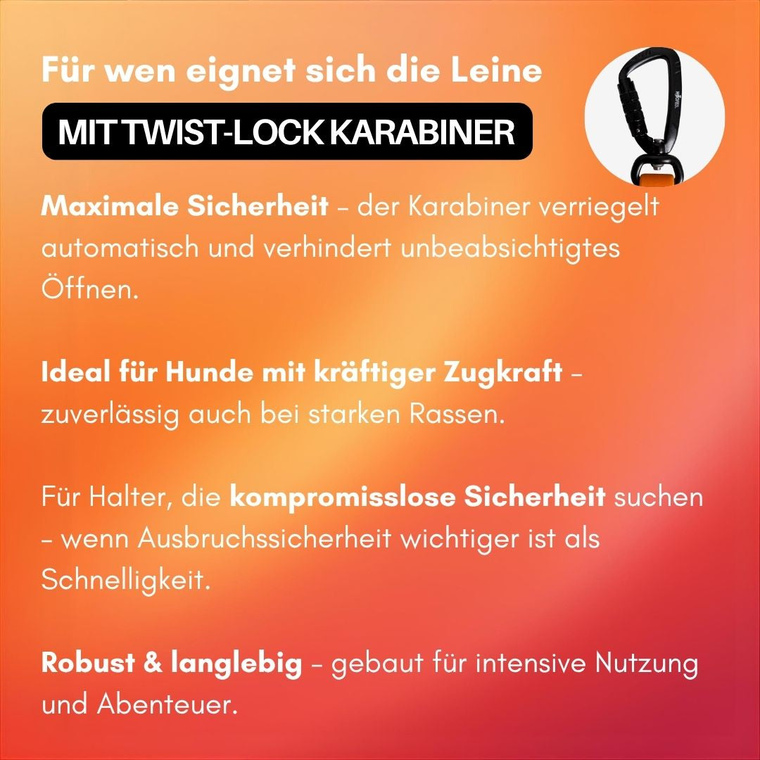 Nahaufnahme eines schwarzen Twist-Lock-Karabiners rechts oben auf orange‑rotem Verlauf mit weißem Infotext
