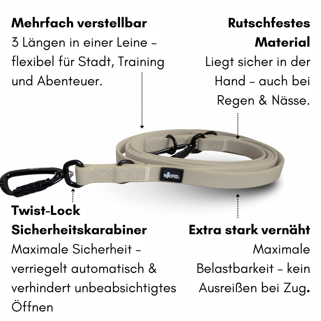 Verstellbare Führleine Desert Sand, aufgerollt liegend, schwarzer Twist‑Lock‑Karabiner, extra starke Nähte und kleines Logo‑Z