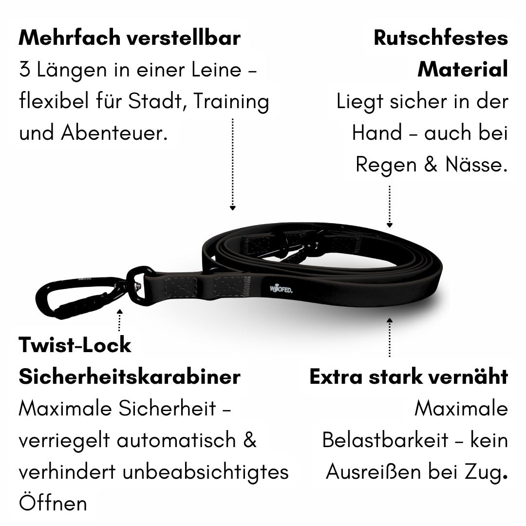 Aufgerollte schwarze WOOFLEX Führleine Phantom Black mit Twist-Lock-Karabiner, flache Ansicht, extra starke Nähte