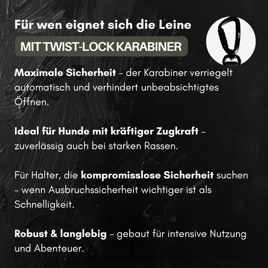 Schwarzes Info-Panel mit weißer Typografie und rundem Ausschnitt zeigt Twist-Lock-Karabiner der WOOFLEX Phantom Black