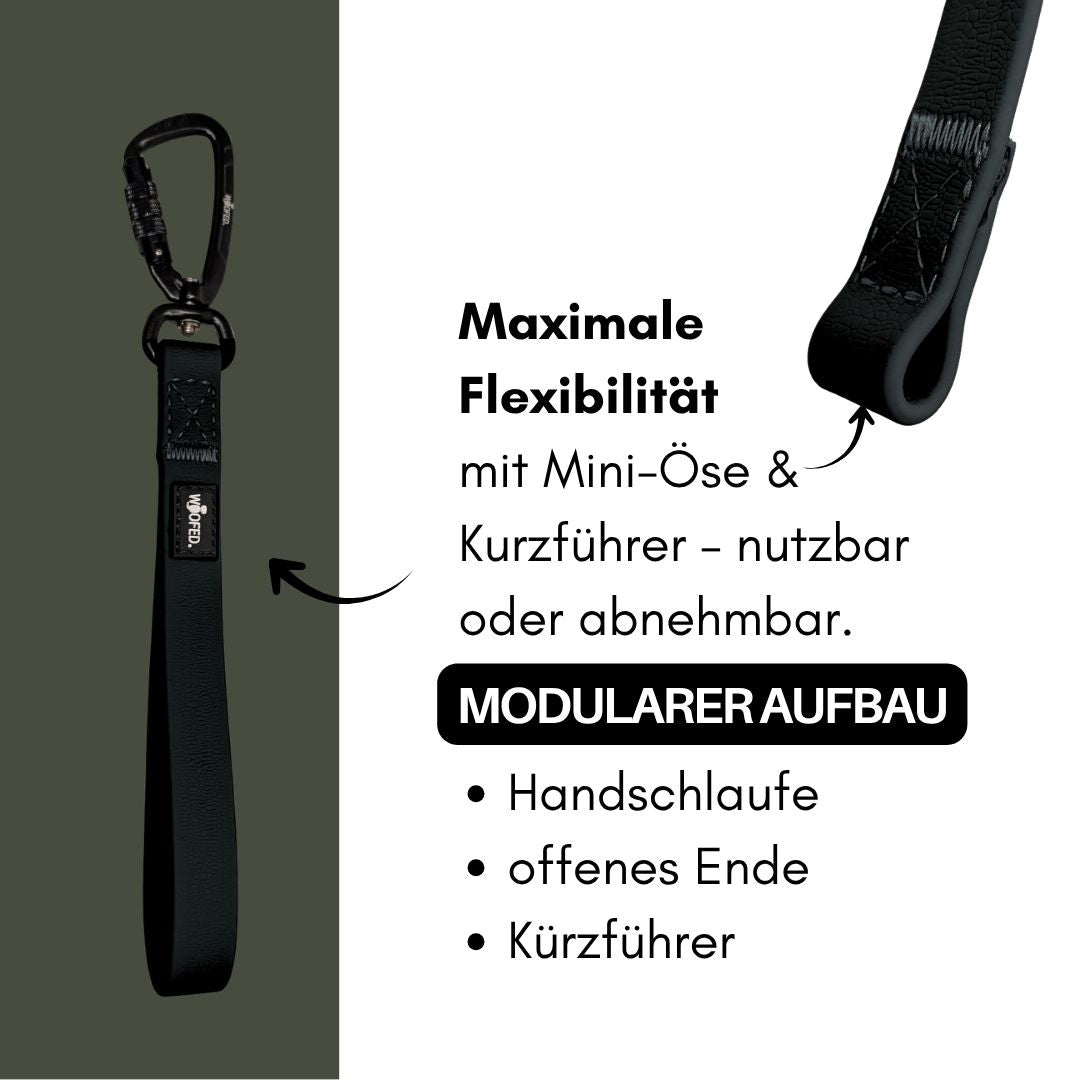 WOOFLEX Phantom Black Kurzführer – schwarze Handschlaufe mit Karabiner, genähte Verstärkung und offenes Ende