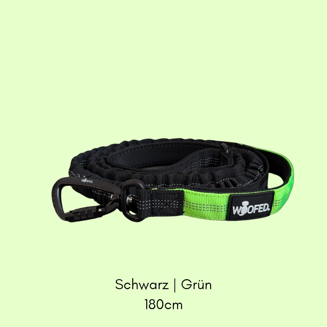 Aufgerollte schwarze Bungee-Leine mit grünem Griff, Karabiner und Woofed-Logo, Seitenansicht