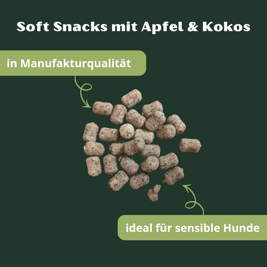 Apfel-Kokos Softies – braune, zylindrische Snacks, Nahaufnahme auf dunkelgrünem Hintergrund