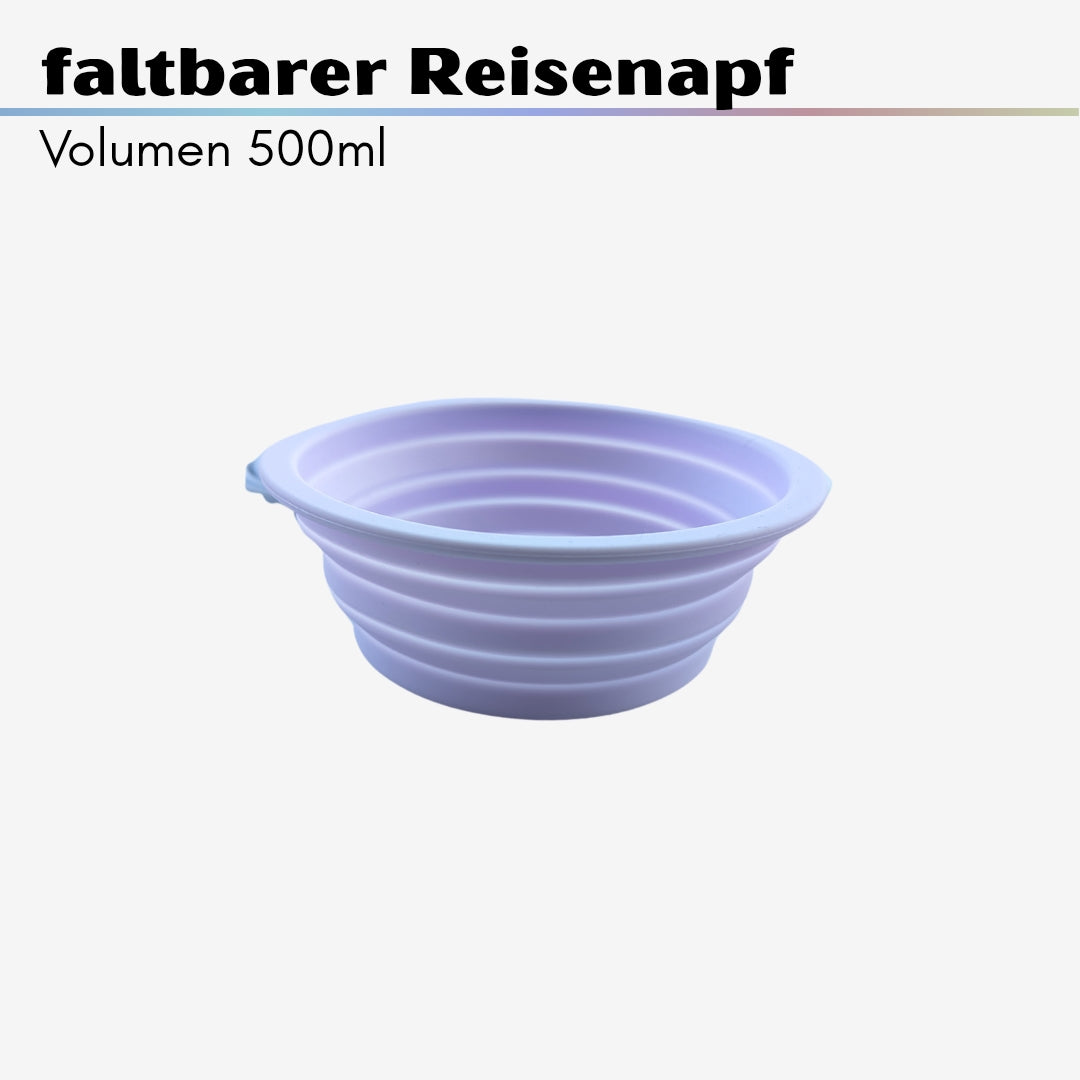 Helllila, faltbarer Reisenapf (500ml), rund mit gerippten konzentrischen Ringen, leichte Seitenansicht