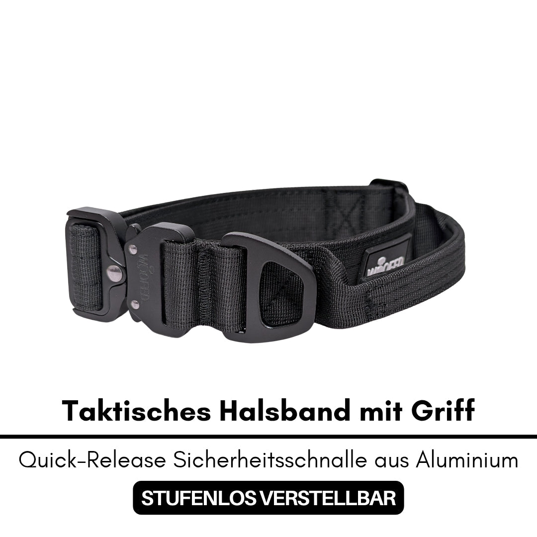 Schwarzes taktisches Nylon-Hundehalsband, breite Polsterung, matte Aluminiumschnalle und integrierter Griff, Seitenansicht