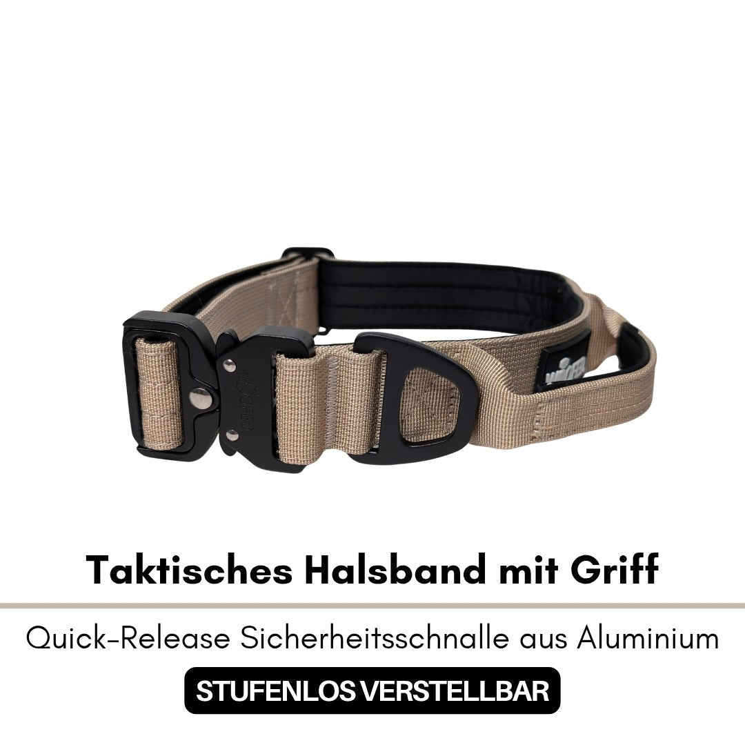 Taktisches Nylon-Halsband in Desert Tan mit schwarzer Quick-Release-Schnalle, gepolsterter schwarzer Innenseite und Griff