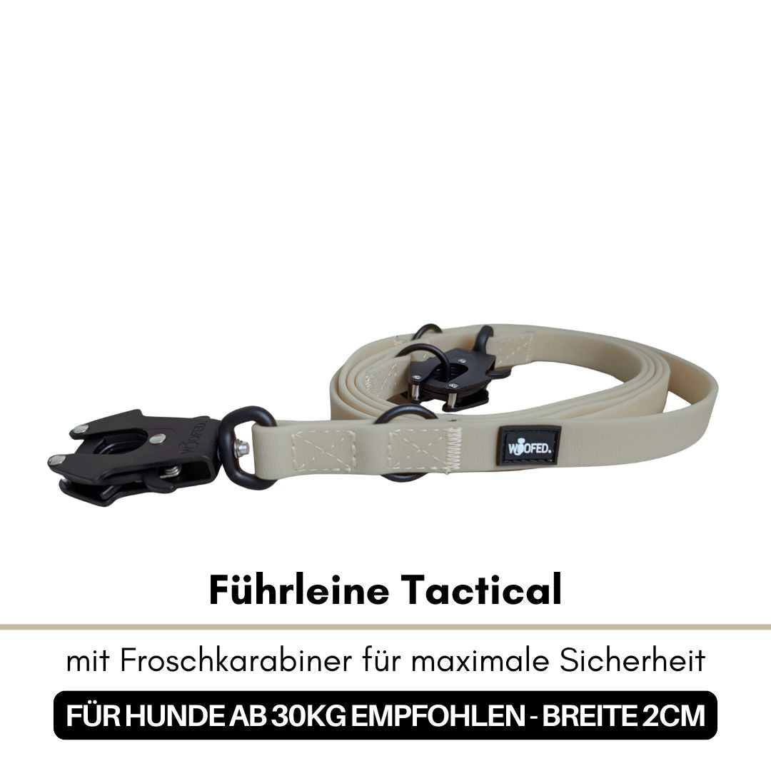 Sandfarbene WOOFLEX-Führleine, aufgerollt, mit schwarzem Froschkarabiner, Metallringen und sichtbarem WOOFED-Label