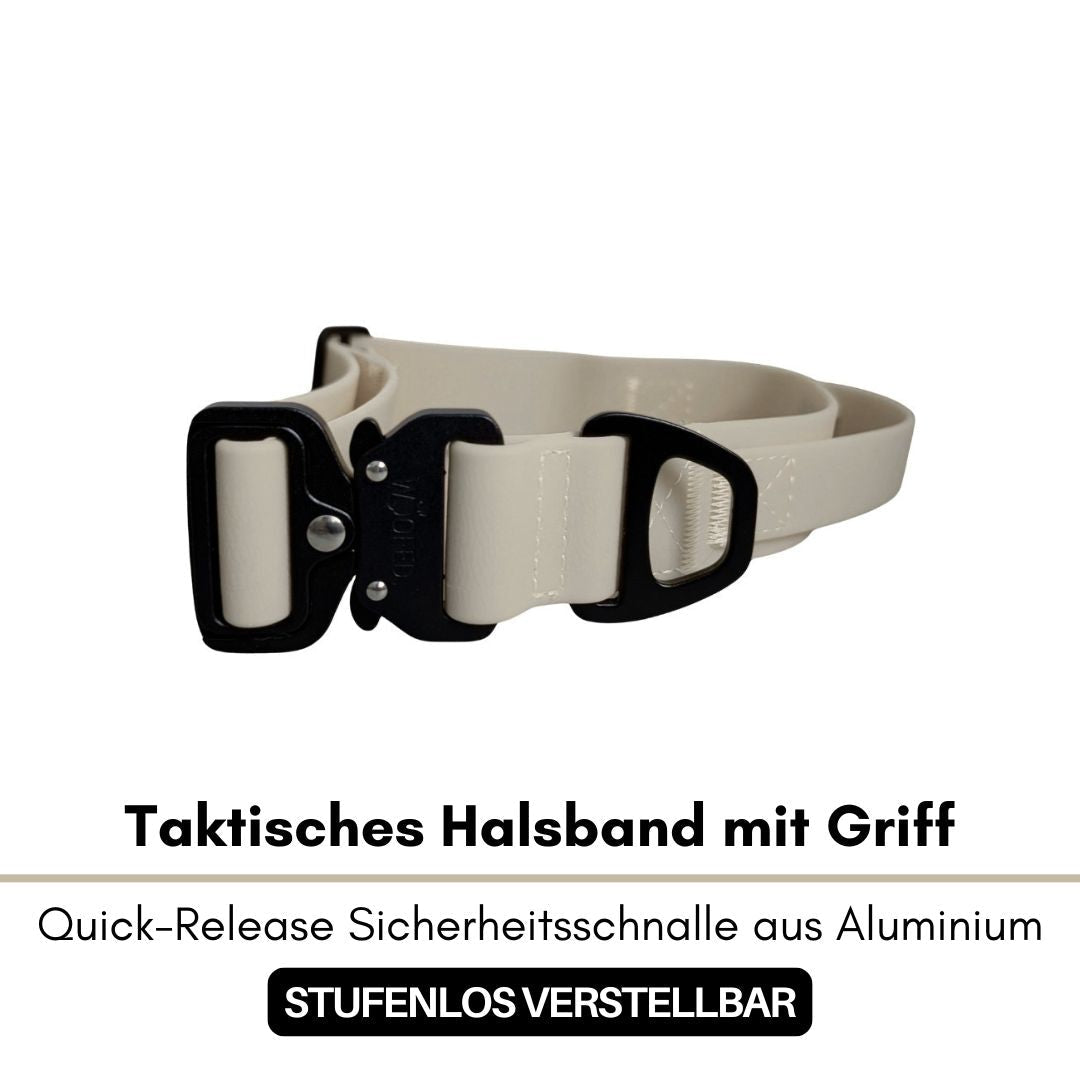 Sandfarbenes Halsband (WOOFLEX Desert Sand), seitliche Nahaufnahme mit schwarzer Quick‑Release‑Schnalle und D‑Ring