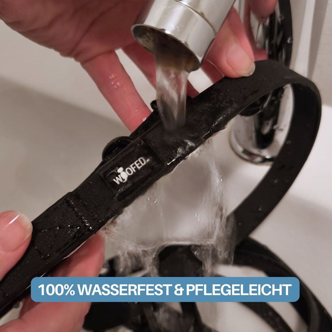 Schwarze Hundeleine mit WOOFED-Logo, Nahaufnahme beim Ausspülen unter fließendem Wasser, Hände halten die Leine