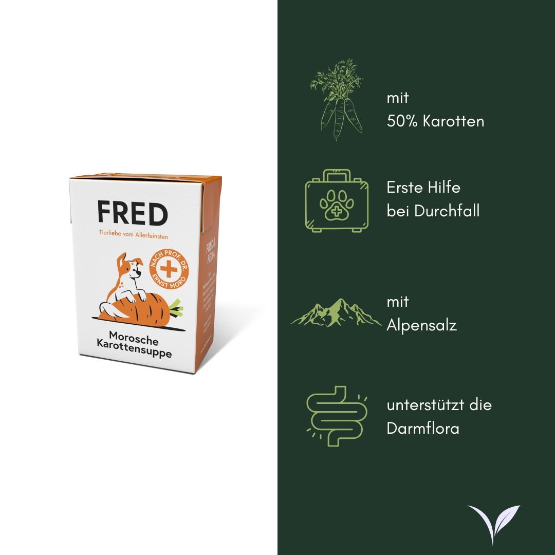Weiße und orange Pappschachtel 'FRED Morosche Karottensuppe', stehende Dreiviertel-Ansicht auf weißem Hintergrund
