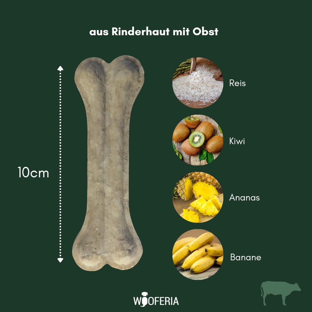 Beigefarbener Rinderhaut-Kauknochen, frontal, 10 cm markiert; rechts Kreisbilder von Reis, Kiwi, Ananas und Banane