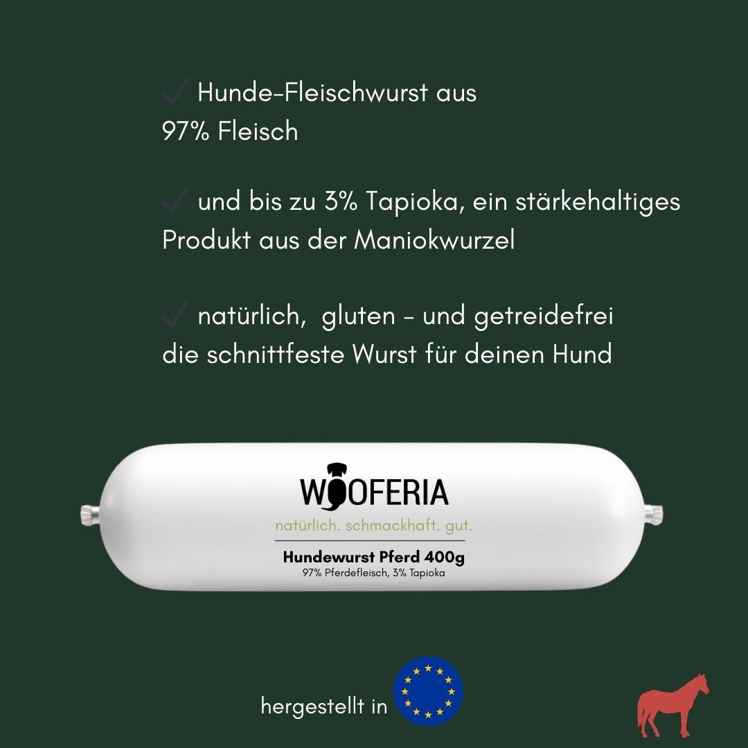 Weiße 400 g Hundewurst‑Rolle 'Hundewurst Pferd' auf dunkelgrünem Hintergrund, Text '97% Fleisch', EU‑Flagge und rote Pferdesk