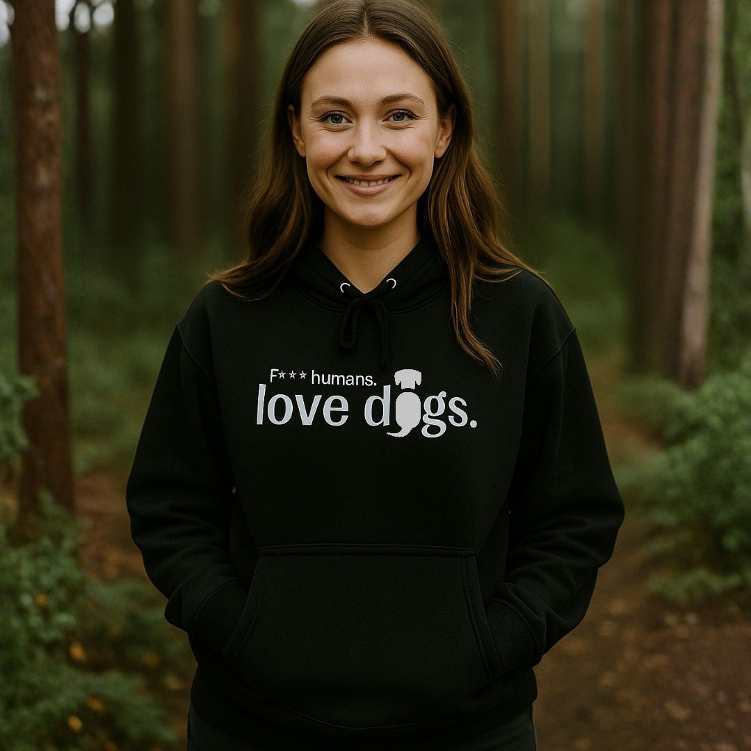 Hoodie Unisex "F*** humans love dogs" Schwarz