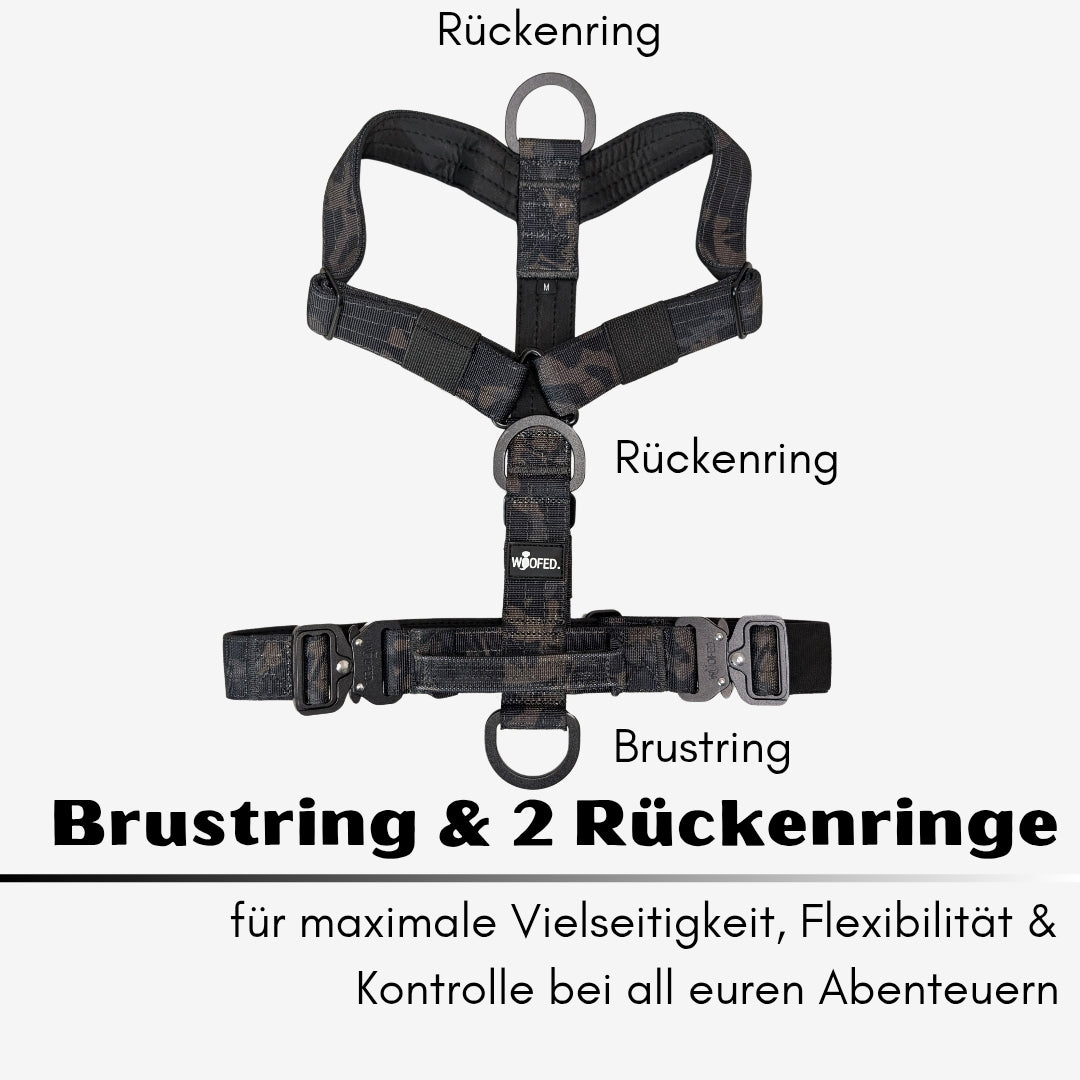 Y-Hundegeschirr 4fach-verstellbar mit Griff und Sicherheitsschnallen Black Camo - ultraleicht