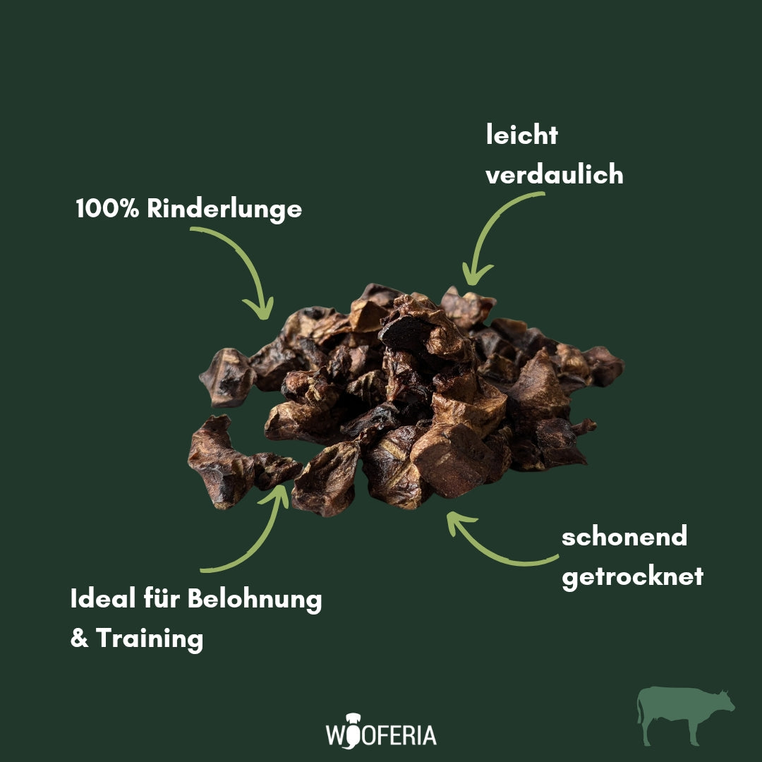 Nahaufnahme eines Haufens dunkler, getrockneter Rinderlunge‑Würfel Mini auf dunkelgrünem Hintergrund mit Pfeilen und Logo