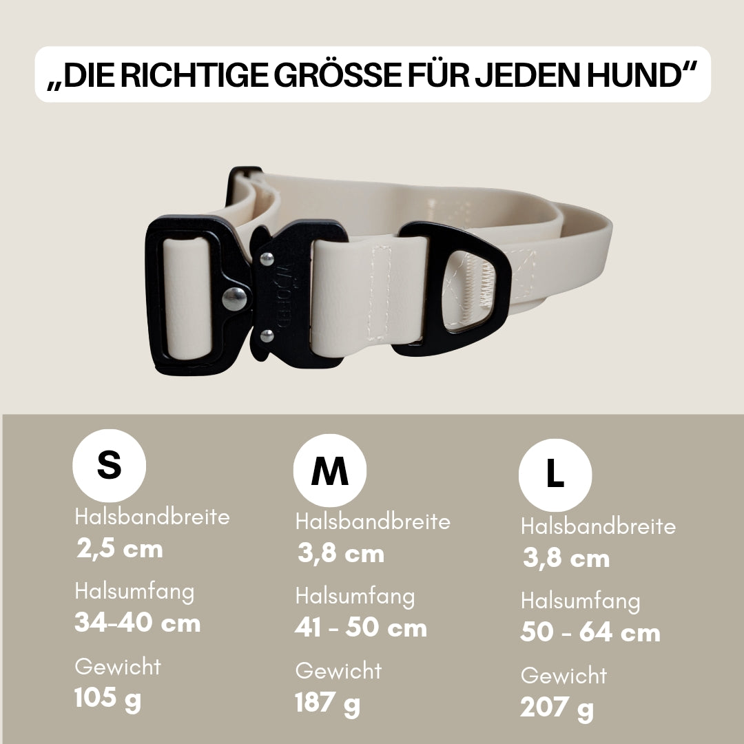 WOOFLEX Tactical verstellbares Halsband Desert Sand, schräge Nahaufnahme mit schwarzer Metallschnalle und D-Ring