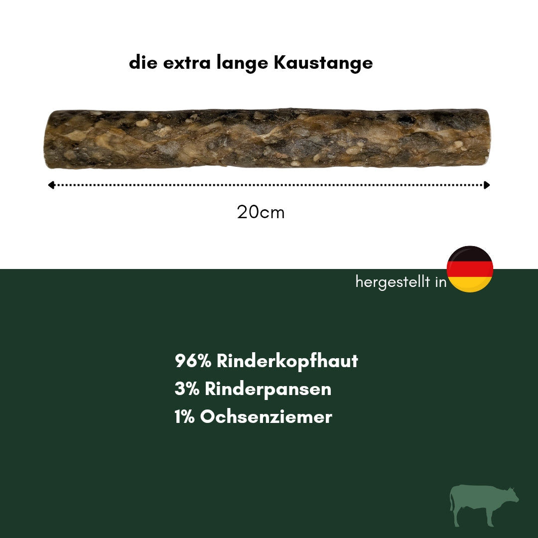 Seitliche Ansicht einer 20 cm langen braun-marmorierten Rinder-Kaustange mit Pansen