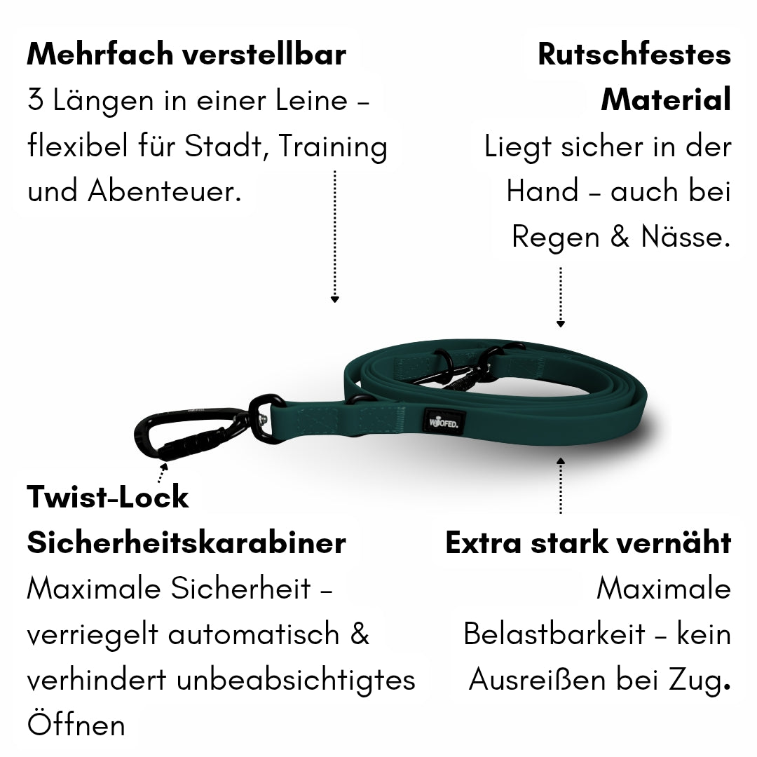 Aufgerollte WOOFLEX® Führleine Hunting Green, dunkelgrün, Twist-Lock Karabiner schwarz, flach auf weißem Hintergrund