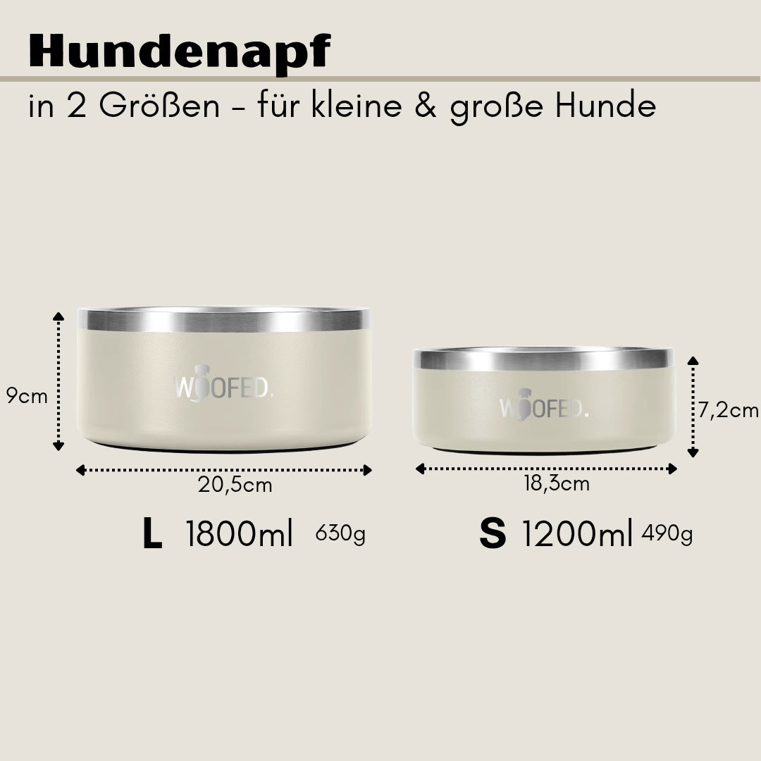 Zwei runde Hundenäpfe in Creamy Beige, Seitenansicht mit Edelstahlrand und Anti-Rutsch-Boden, S 1200ml & L 1800ml