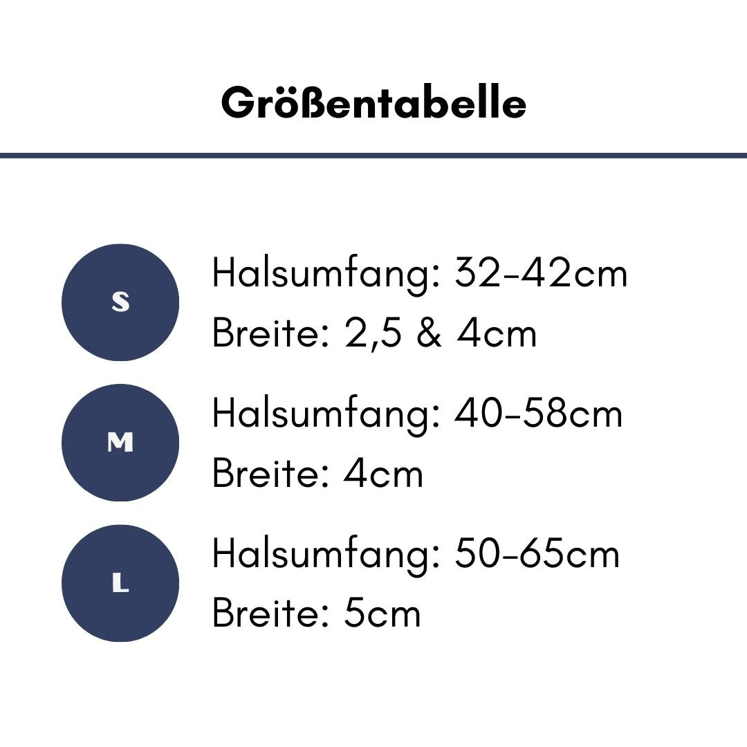 Größentabelle für Nylon Tactical Halsband Midnight Blue; drei dunkelblaue Kreise (S/M/L) mit Halsumfang- und Breitenangaben