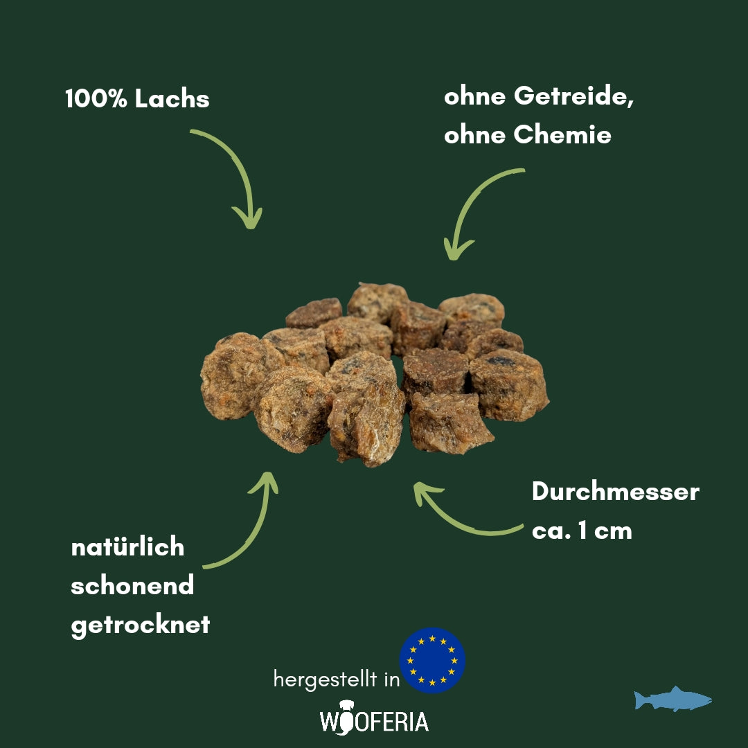 Haufen brauner, runder Lachs-Taler (Ø ca. 1 cm) auf dunkelgrünem Hintergrund mit Texthinweisen und EU-Logo