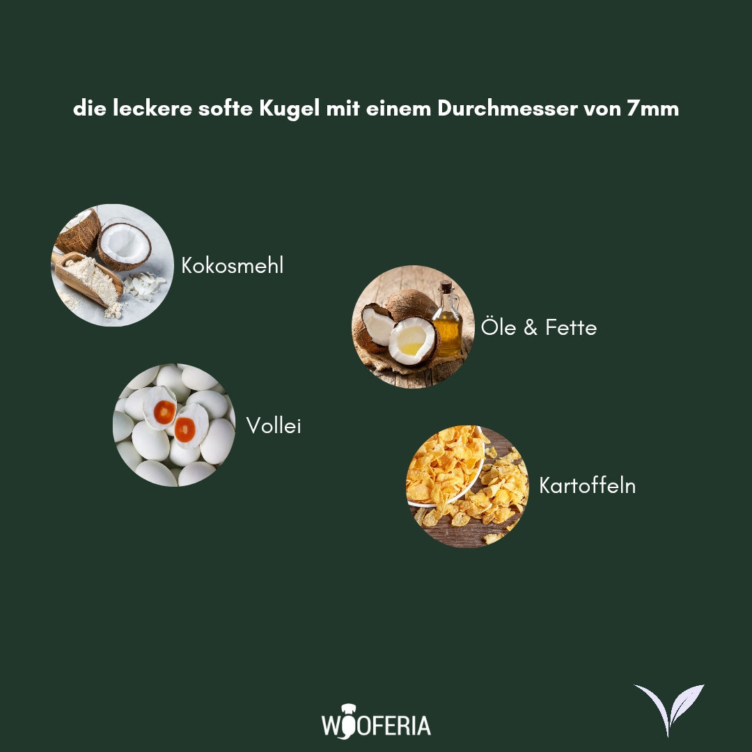 Dunkelgrüne Infografik mit vier runden Fotos: Kokosmehl, Kokos mit Öl, Vollei und Kartoffeln; oben Text zur 7 mm Kugel