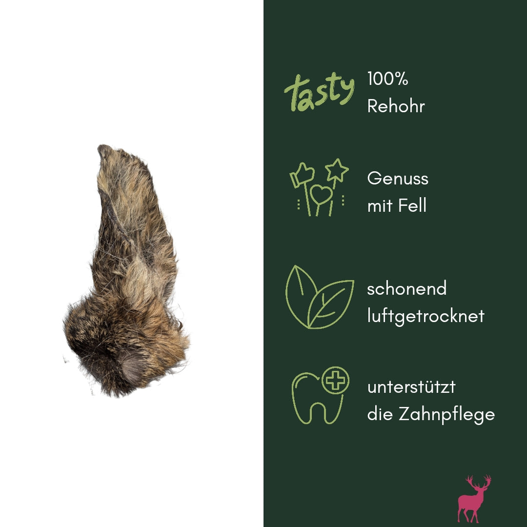 Seitliche Ansicht eines dunkelbraunen Rehohrs mit Fell auf weißem Hintergrund, rechts grüne Infospalte mit Icons
