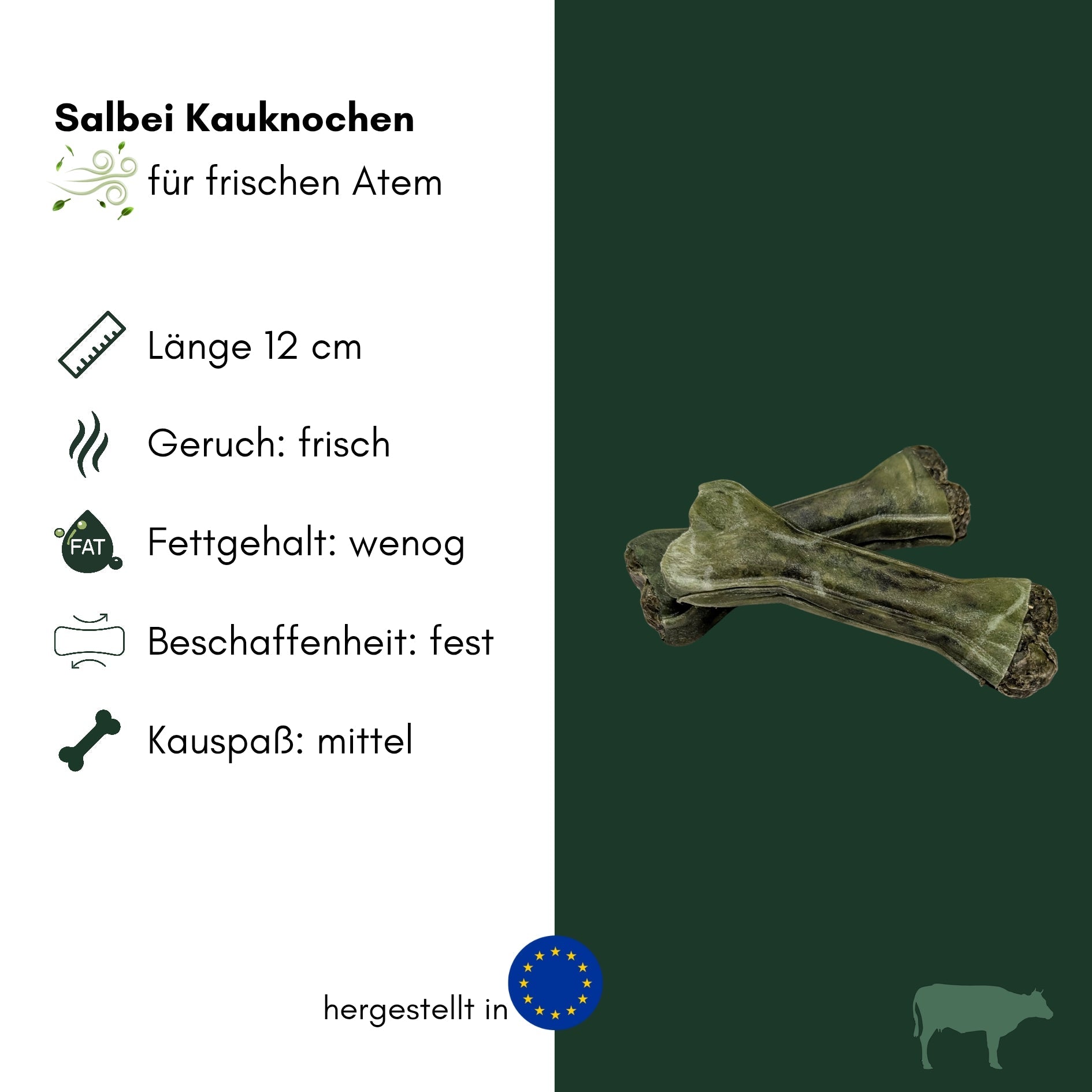 Mehrere grünliche Salbei-Kauknochen übereinander liegend, Nahaufnahme auf dunklem grünen Hintergrund